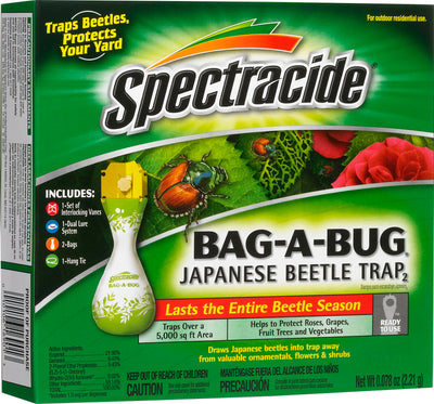 Front view of Spectracide Bag-A-Bug Japanese Beetle Trap package with green and red design.