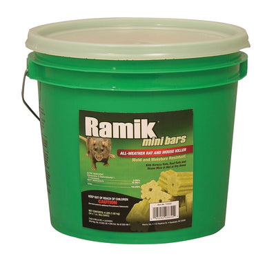 Green plastic bucket with a white lid containing Ramik mini bars rat and mouse killer, front view of packaged product.