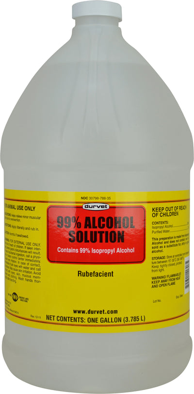 Front view of a Durvet 99% alcohol solution packaged product, one gallon size, yellow label with red section
