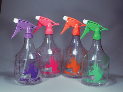 Four clear spray bottles with purple, pink, orange, and green nozzles and horse silhouettes labeled "HORSE SPRAYER" in matching colors, front view.