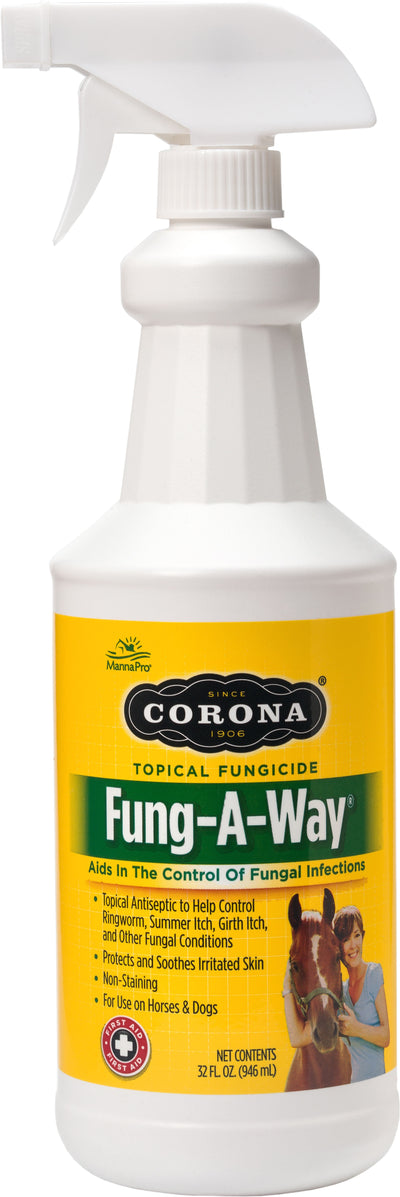 White spray bottle with yellow label showing Corona Fung-A-Way topical fungicide, 32 fl oz, front view