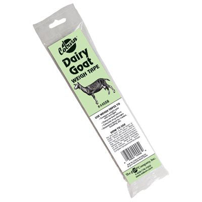 Packaged Dairy Goat Weigh Tape by Ceban, green label with goat illustration and product details.