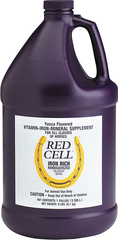 Front view of a purple 1-gallon bottle of Red Cell Yucca Flavored Vitamin-Iron-Mineral Supplement for horses.