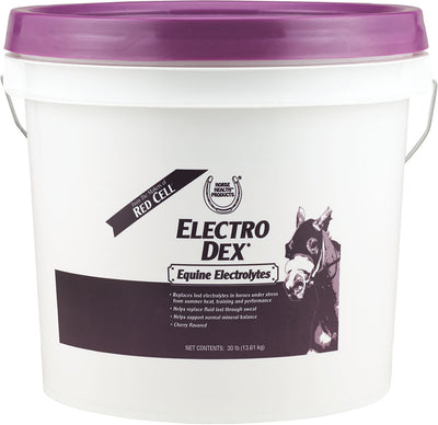 Front view of a white bucket with purple lid labeled Electro Dex Equine Electrolytes, cherry flavored, 30 lb