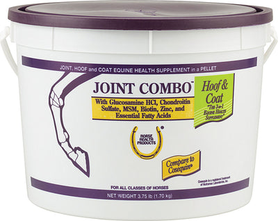 Front view of a white bucket with purple and yellow labels for Joint Combo Hoof & Coat Supplement, 3.75 lb.