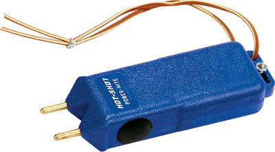 Close-up of a blue Hot Shot Power Mite electric livestock prod with copper wires and brass pins.