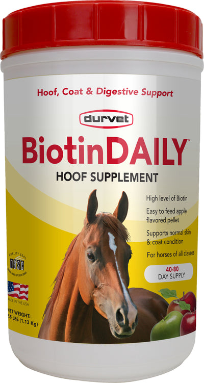 Front view of a Durvet Biotin Daily Hoof Supplement container with apple flavor, 2.5 lb size, red cap, and yellow label.