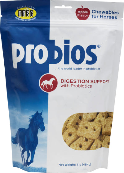 Packaged product: Probios Apple Flavor Chewables for Horses, 1 lb bag with blue and white design and horse image
