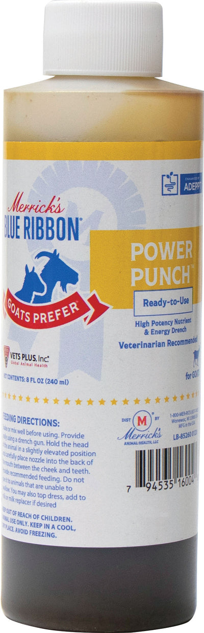 Packaged product: Merrick's Blue Ribbon Power Punch goat supplement bottle, 8 fl oz, front view.