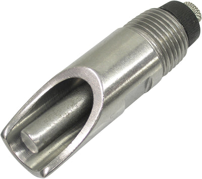 Close-up of a stainless steel Hogflo nipple drinker with a 1/2 inch size, showing its threaded end and open mouth.