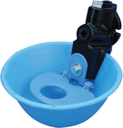 Close-up of a blue plastic cattle water bowl with a black metal mounting bracket.