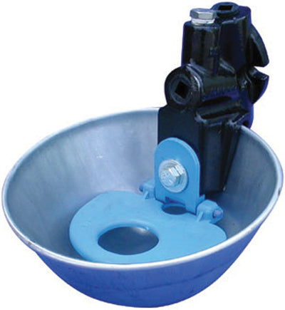 Close-up of a galvanized blue water bowl with a black metal mounting bracket and blue base plate.