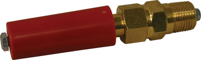 Close-up of a brass valve with a red plastic cap and threaded end, showing a hexagonal nut and a small metal bolt.