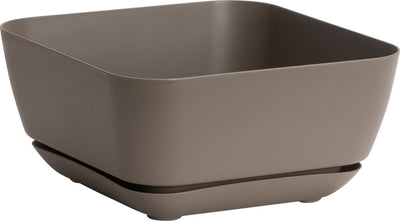 Taupe garden planter with attached tray, front view, close-up.
