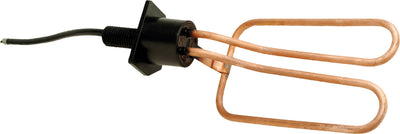 Close-up of a black drain plug de-icer with copper heating elements and a black power cord.