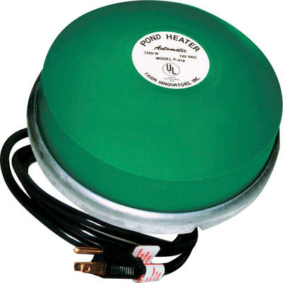 Close-up of a green circular pond heater with a white label showing "POND HEATER Automatic 1250 W 120 VAC MODEL P-41B" and a UL mark, attached to a black power cord with a plug.