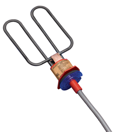 Close-up of a Universal Drain Plug Deicer with black U-shaped prongs, red and blue components, and a coiled metal hose.