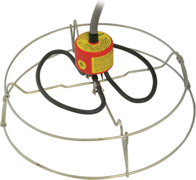 Close-up of a red and yellow Sinking Tank De-Icer with stainless steel frame and black hoses.