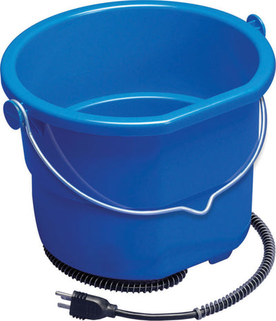 Blue plastic bucket with metal handle and coiled power cord, front view.