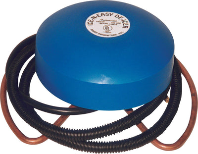 Blue circular Ice-N-Easy De-Icer with black and copper tubing, front view close-up