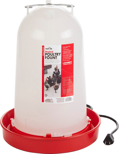 A white and red API Heated Poultry Fount waterer with a black power cord, front view.
