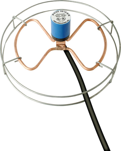 Close-up of a Farm Innovators Inc. pond de-icer with blue top, copper coils, and black power cord.
