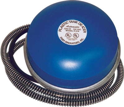 Close-up of a blue plastic tank de-icer with coiled black and silver wires, labeled 'Plastic Tank De-Icer Automatic 1250 W 120 VAC Model H-418'