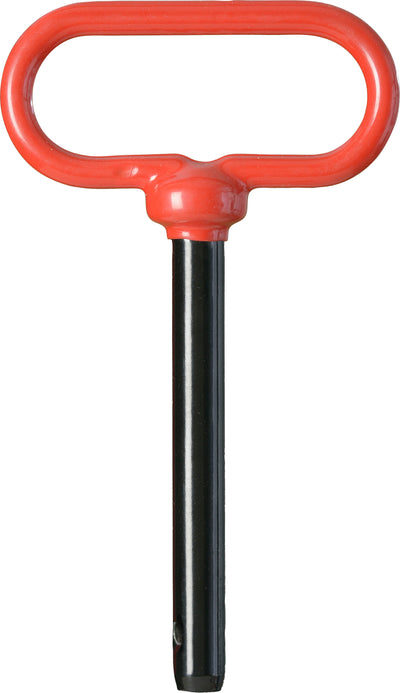 Red Head Hitch Pin with red D-shaped handle and black shaft, close-up front view