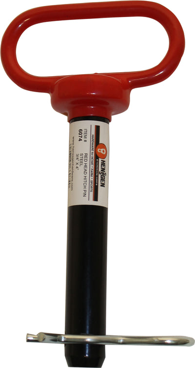 Red Head Hitch Pin by Hensgen, black shaft with red handle and silver pin, close-up view