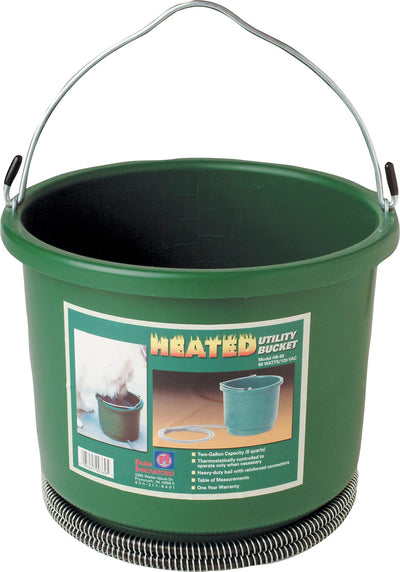 Green plastic heated utility bucket with metal handle and label showing product details and images