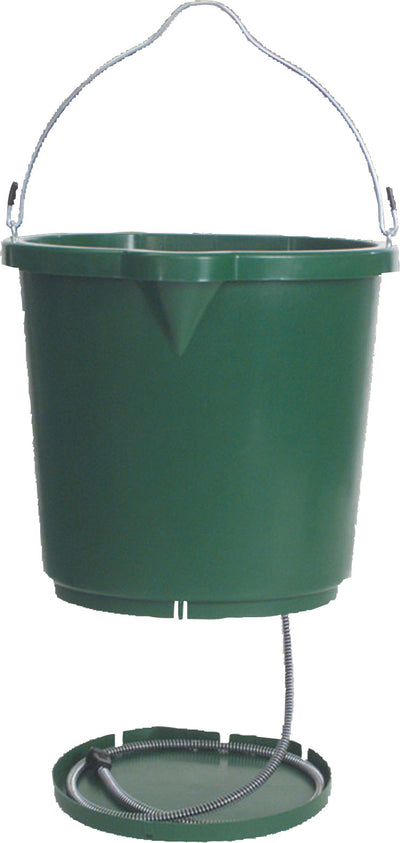 Green plastic bucket with metal handle and attached lid with coiled wire, front view.