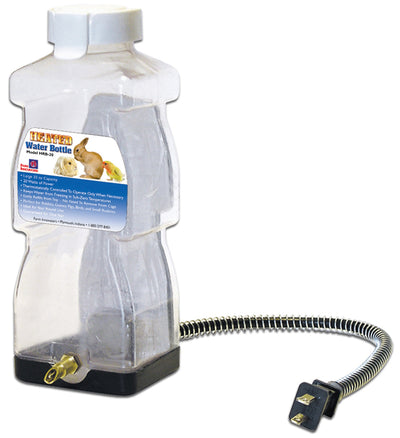 Clear plastic heated water bottle with black base, gold spout, and coiled power cord labeled 'Heated Water Bottle Model HRB-20' on front.