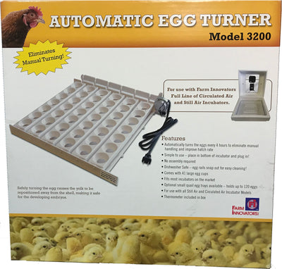 Packaged white Automatic Egg Turner Model 3200 with egg cups, power cord, and incubator illustration.