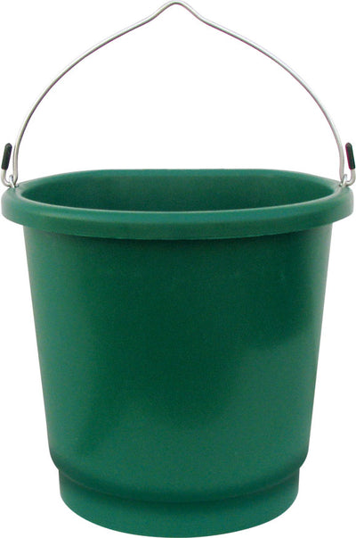 Green plastic bucket with metal handle, front view, packaged product