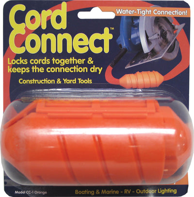 Packaged orange Cord Connect water-tight cord lock in clear plastic blister pack.