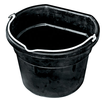 Black plastic bucket with metal handle, viewed from the front in a close-up.
