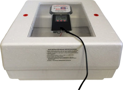 White digital incubator with transparent lid, red ports, and control panel showing brand Farm Innovators.