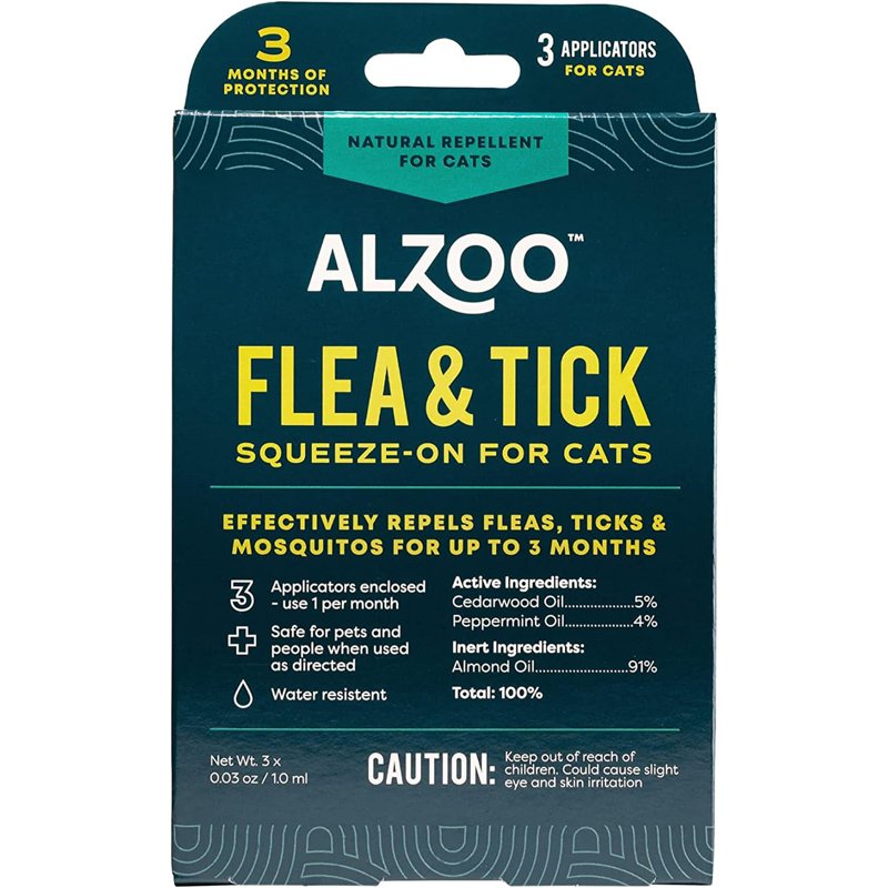 ALZOO Flea & Tick Squeeze-On for Cats, Helps Repel Fleas, Ticks & Mosquitos, Up to 3-Months Protection, 100% Plant-Based Active Ingredients, Water-Resistant, 3 EZ-On Applicators Per Pack