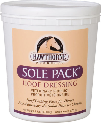 Front view of a white container with a beige label showing Hawthorne Products Sole Pack Hoof Dressing, 8 lbs.