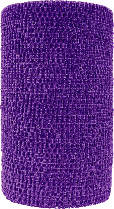 Close-up of a purple cohesive bandage roll, 4 inches wide by 5 yards long, packaged product.