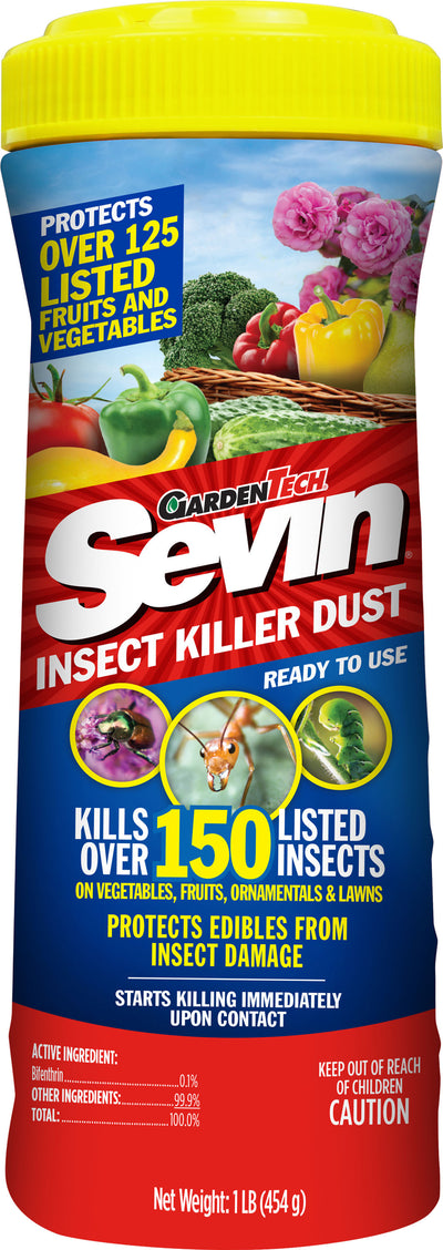 Front view of a yellow-capped Sevin Insect Killer Dust shaker container with red and blue label.