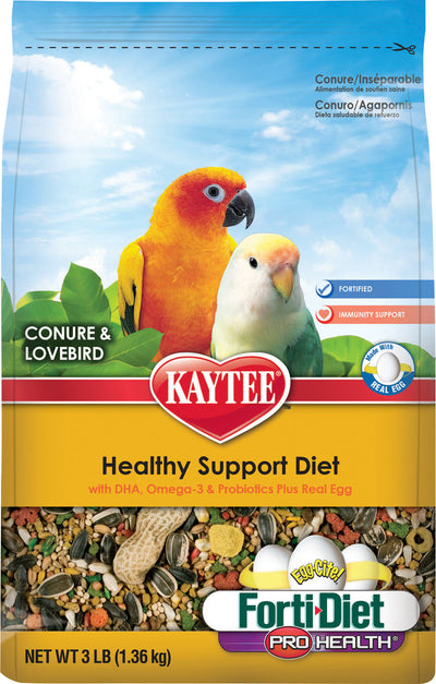 Front view of a packaged Kaytee Forti-Diet Pro Health Conure & Lovebird food bag with 3 LB net weight.