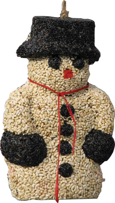 Pine Tree Farms Mr Sno E Mann Seed Wreath, front view, made of rice and black seeds with red ribbon.