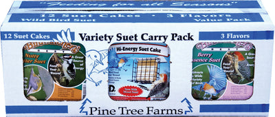 Pine Tree Farms Birdwatcher's Variety Suet Carry Pack front view showing three flavors in a box