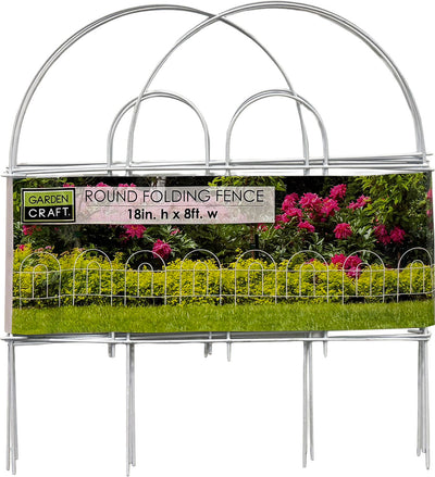 White metal round folding fence with 18in. h x 8ft. w dimensions, packaged product view.