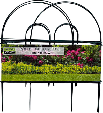 Packaged Garden Craft Round Folding Fence, green metal, 18in. h x 8ft. w, front view.