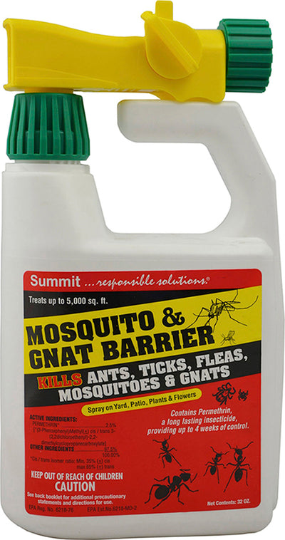 Front view of Summit Mosquito & Gnat Barrier Rts 32 OZ spray bottle with yellow and green nozzle.