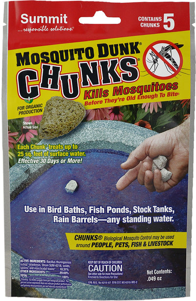 Packaged Summit Mosquito Dunk Chunks product showing a hand holding chunks and a pond scene.