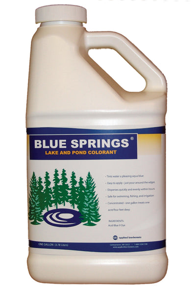 Front view of a packaged Blue Springs Lake and Pond Colorant product, one gallon size.