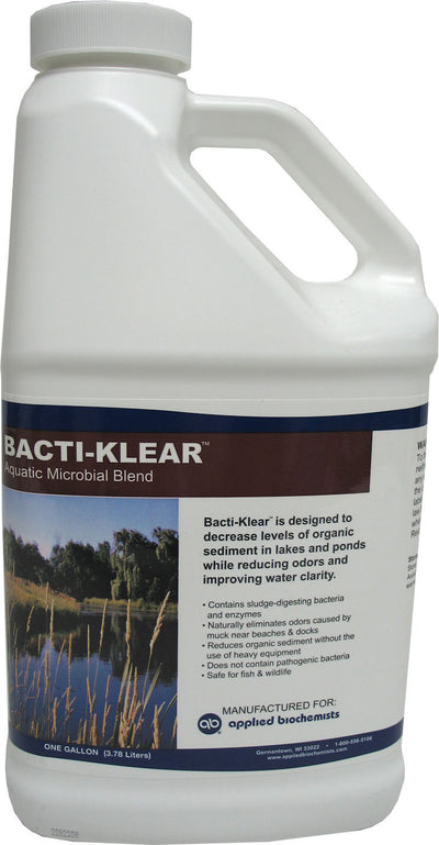 A white one-gallon jug of Bacti-Klear Aquatic Microbial Blend with a blue and brown label showing a lake scene.